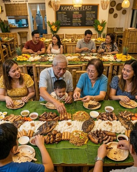 A Filipino feast laid out on banana leaves
